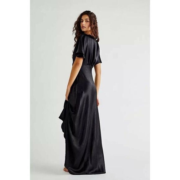 NEW FREE PEOPLE BEATRICE SATIN PLUNGE MAXI DRESS GOWN IN BLACK - Picture 2 of 4